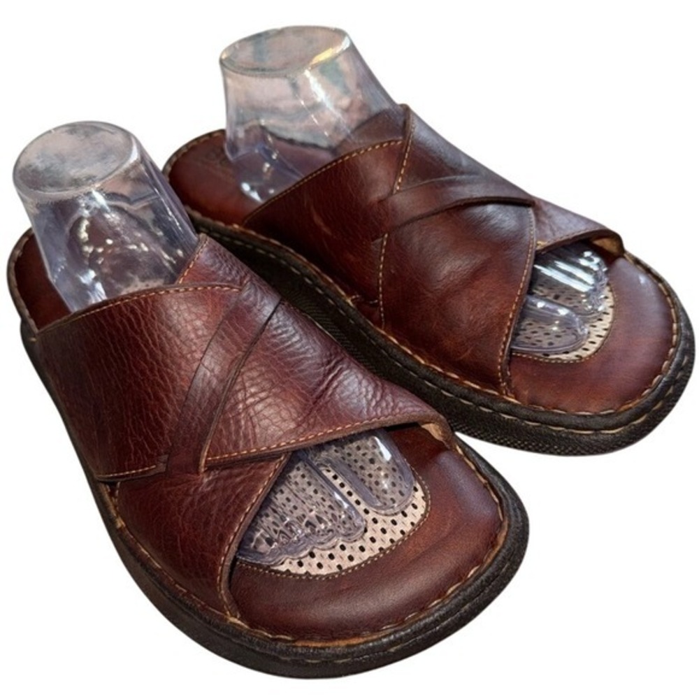 BØRN Brown Luxe Leather Cross Strap Ultra Comfort Slide Sandals | Men's Sz 11